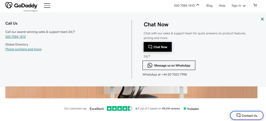 GoDaddy support page with call us and chat now options