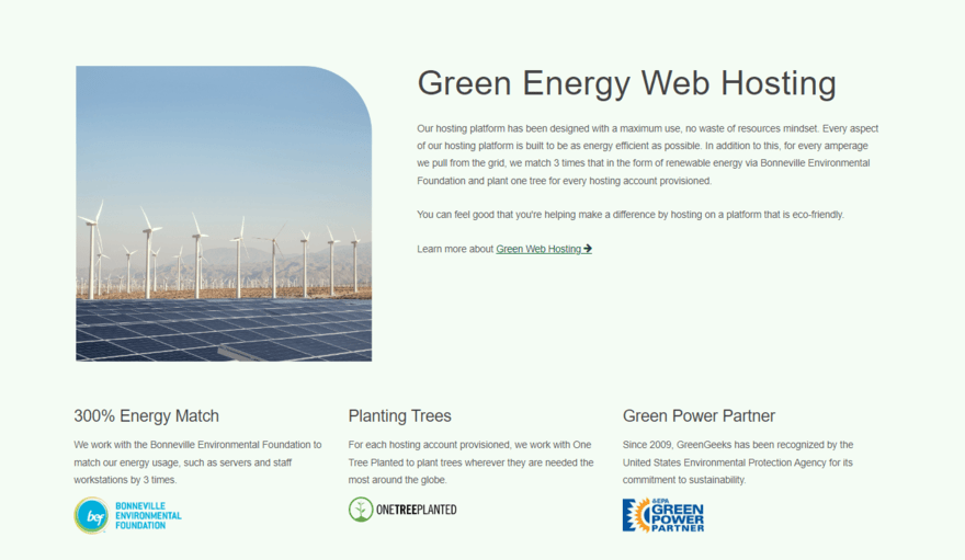 GreenGeeks green energy web hosting pledge, detailing its green practices