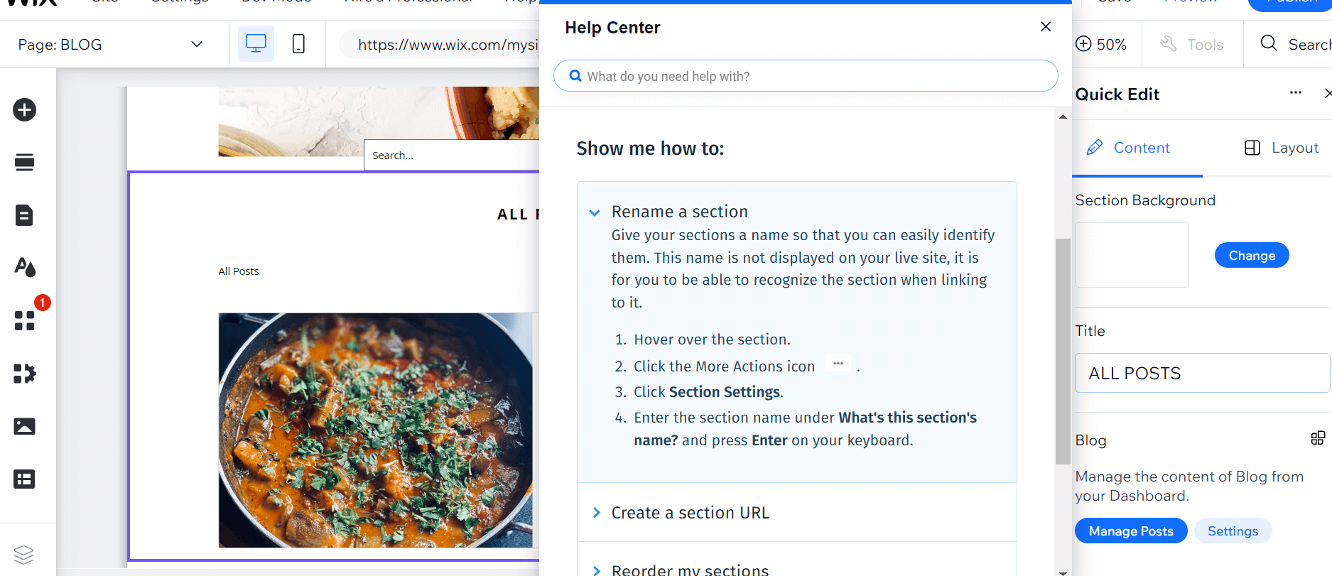 Wix Help center popup that shows when a user clicks on a question mark symbol