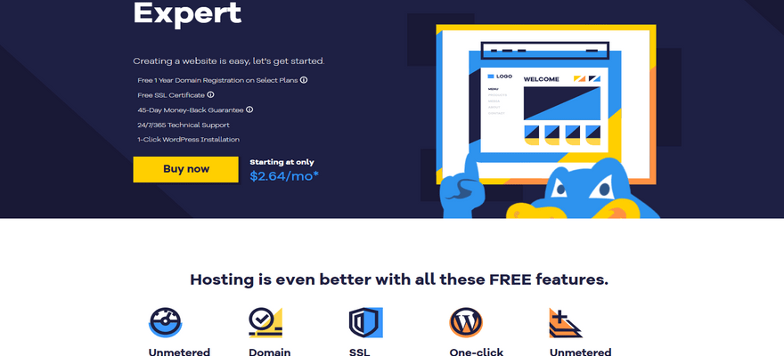 HostGator homepage encouraging visitors to sign up by highlighting its free features