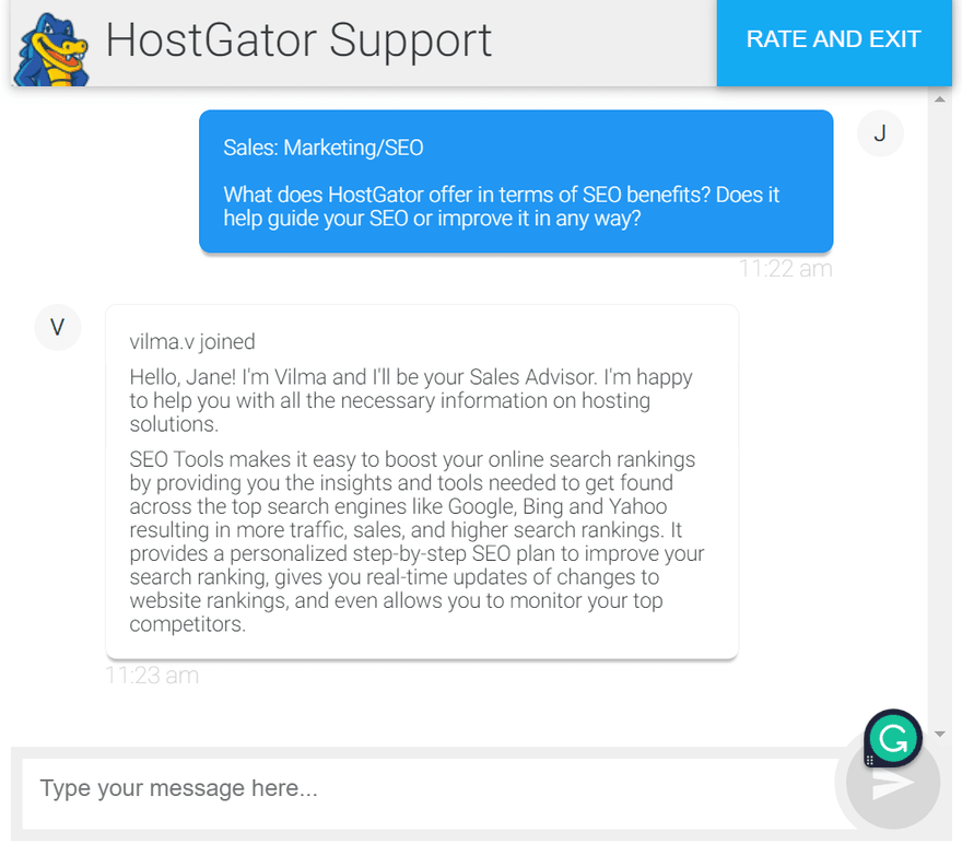 HostGator live chat support screen with messages from help and support