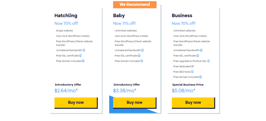 Pricing and key features of HostGator's three shared hosting plans