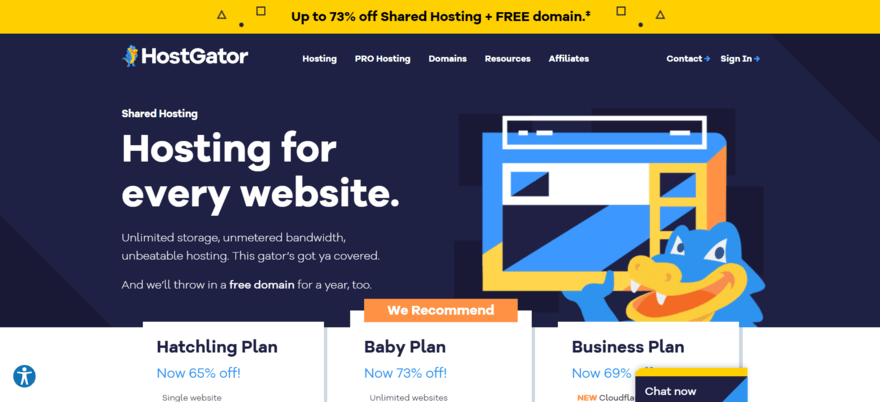 HostGator's shared hosting homepage featuring its 3 hosting plans