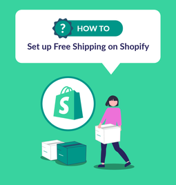 Green background with animated woman carrying a box next to the Shopify logo, below the words 