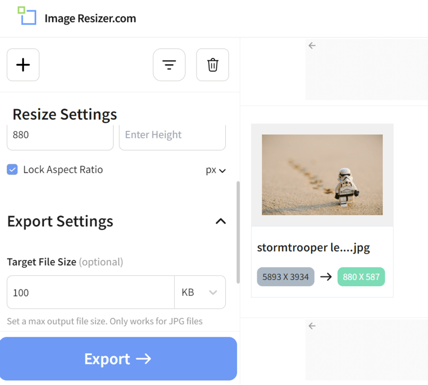ImageResizer tool in use resizing and compressing an image