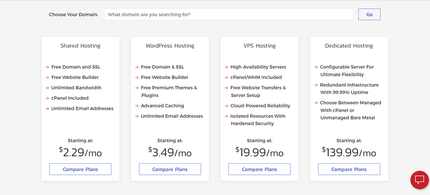 Starting prices for InMotion's four hosting types