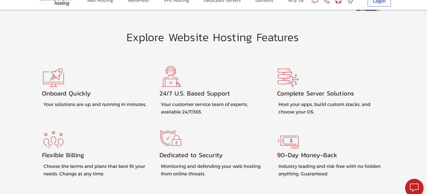 List of InMotion web hosting features with icons