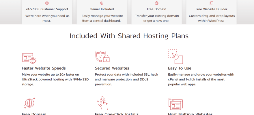 InMotion hosting features with red line art icons