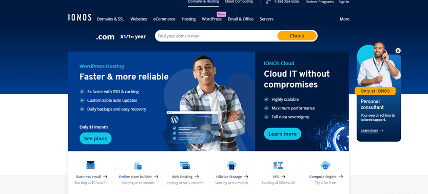 IONOS homepage featuring buttons to learn more and see its hosting plans