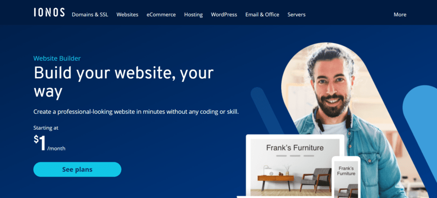 IONOS' web builder homepage promoting its builder on a blue background