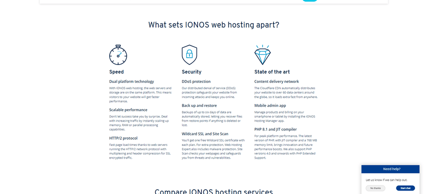 List of features available with an IONOS web hosting plan, split into three sections: speed, security, state of the art
