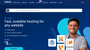 IONOS shared hosting overview with blue background and smiling man to left with various software icons overlayed onto his shoulder