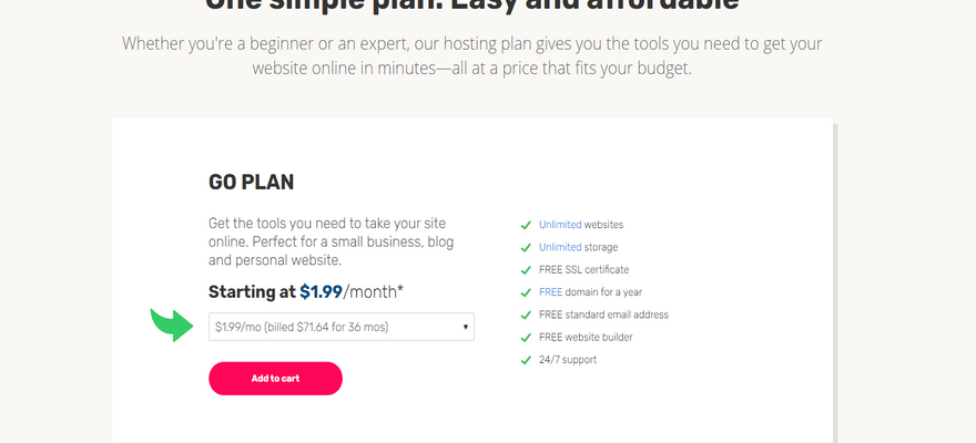 Pricing and key features for iPage's GO plan