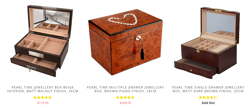 3 styles and images of wooden jewelry boxes sold by My Treasure Box