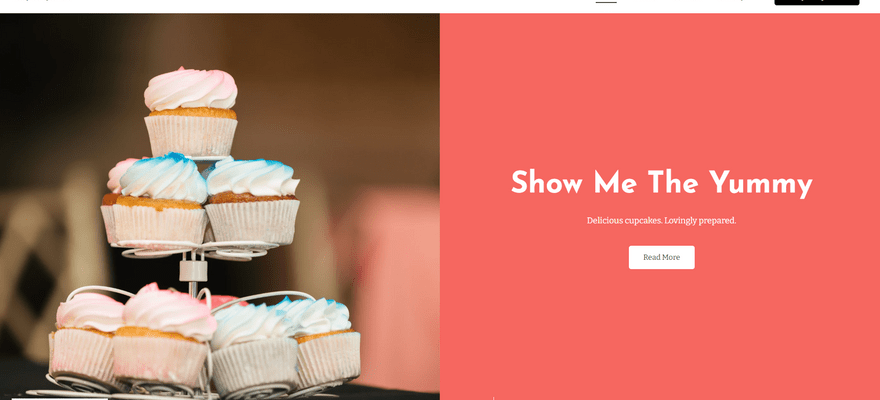 Homepage of Jimdo demo website featuring an image of cupcakes next to red block with text