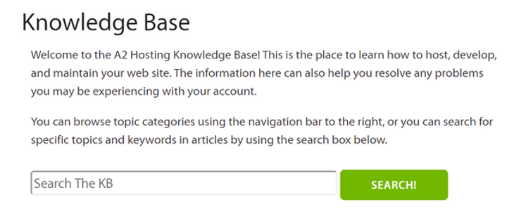 screenshot of a2 hosting's knowledge base with search function