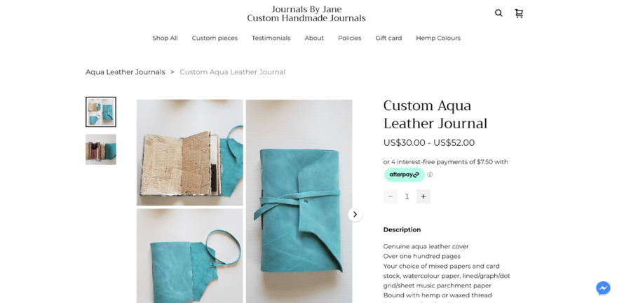 Product photos of aqua leather journal on store Journals by Jane
