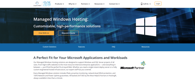 Windows managed hosting page with description