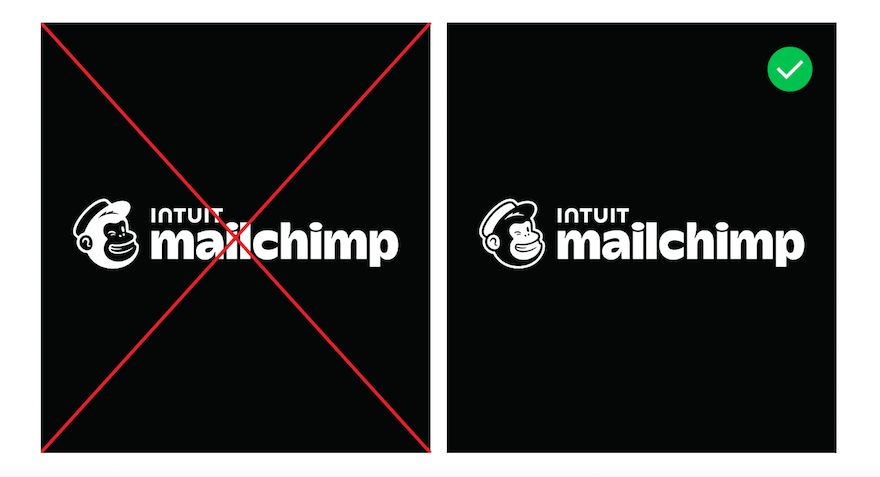 Mailchimp brand logo twice, one faded version with a red cross and a correct one with a green tick