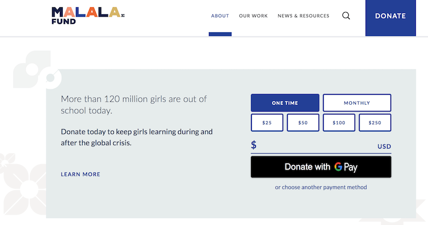 Malala Foundation nonprofit website example screenshot 2