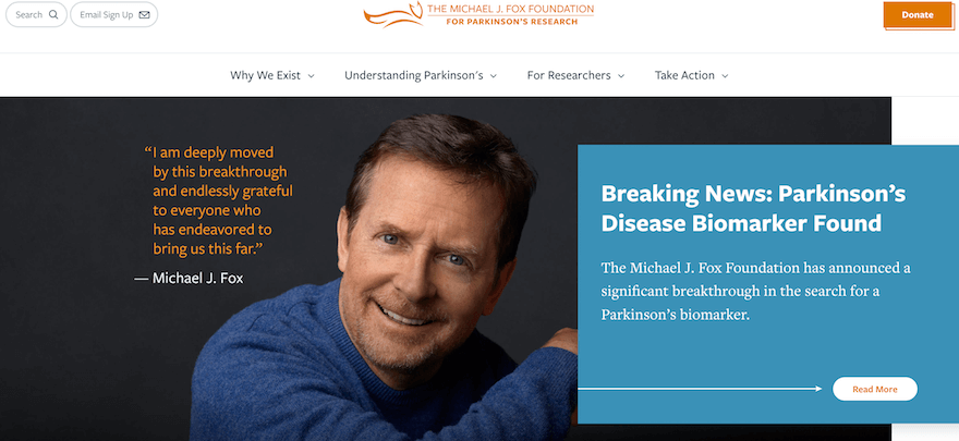 Michael J Fox Foundation nonprofit website example screenshot 2