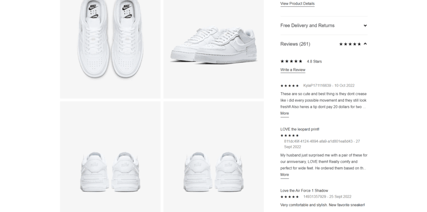 Product page for Nike trainers, featuring customer reviews