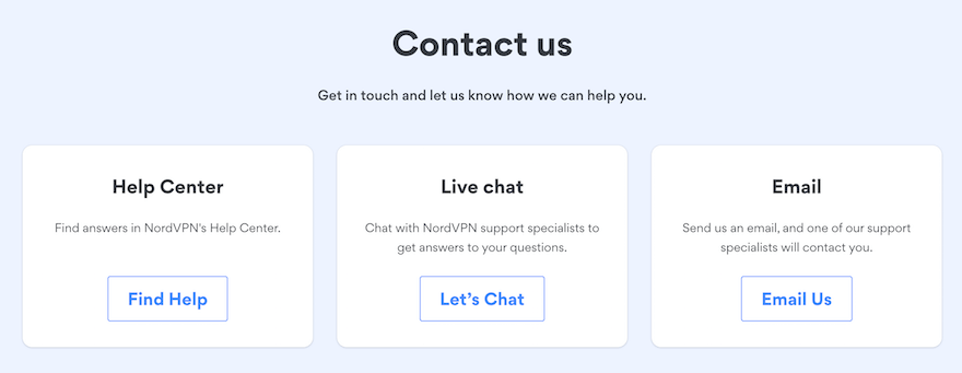 NordVPN contact us page with options for help and support