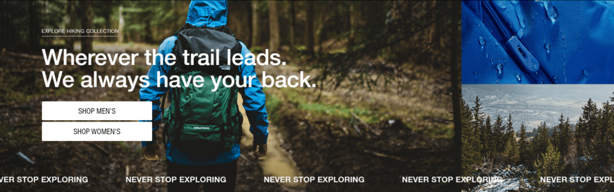 North Face website: Person in blue jacket and rucksack walking away from camera with "Never stop exploring" repeated along the bottom