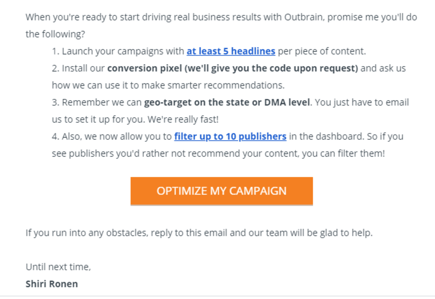 Outbrain email explaining what it offers and an orange button for "optimize my campaign"