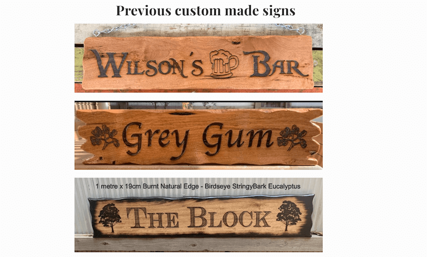3 images of previously made custom wooden signs created by Flamin' Signs and Boxes