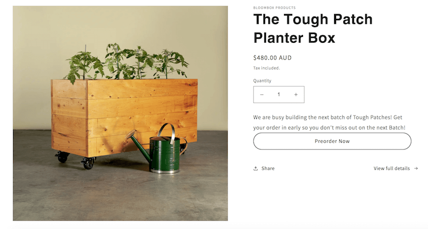 Product page for a wooden planter box made by Bloom Box Products