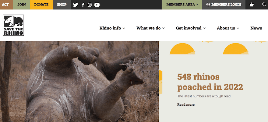 Save the Rhino nonprofit website example screenshot 2
