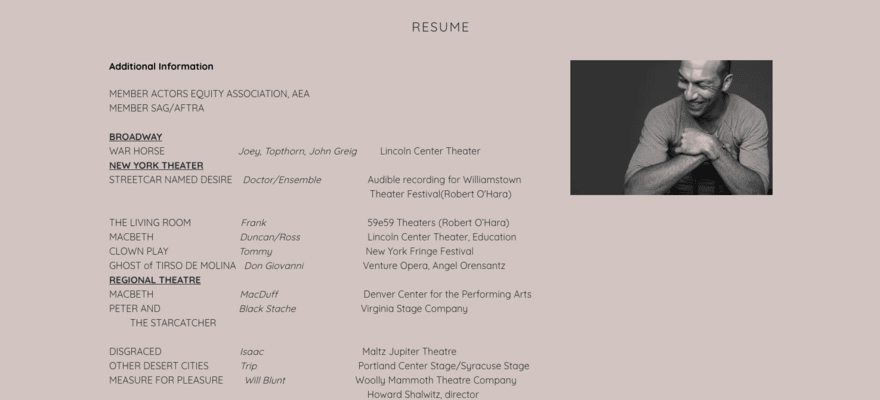Joel Reuben Ganz resume page with small image of him and list of Broadway work