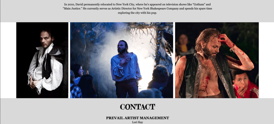 David Baynes contact page with theatre images in costume