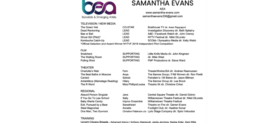 Samantha Evans BEA acting CV
