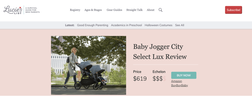 Baby Jogger affiliate product featured on an influencer's website