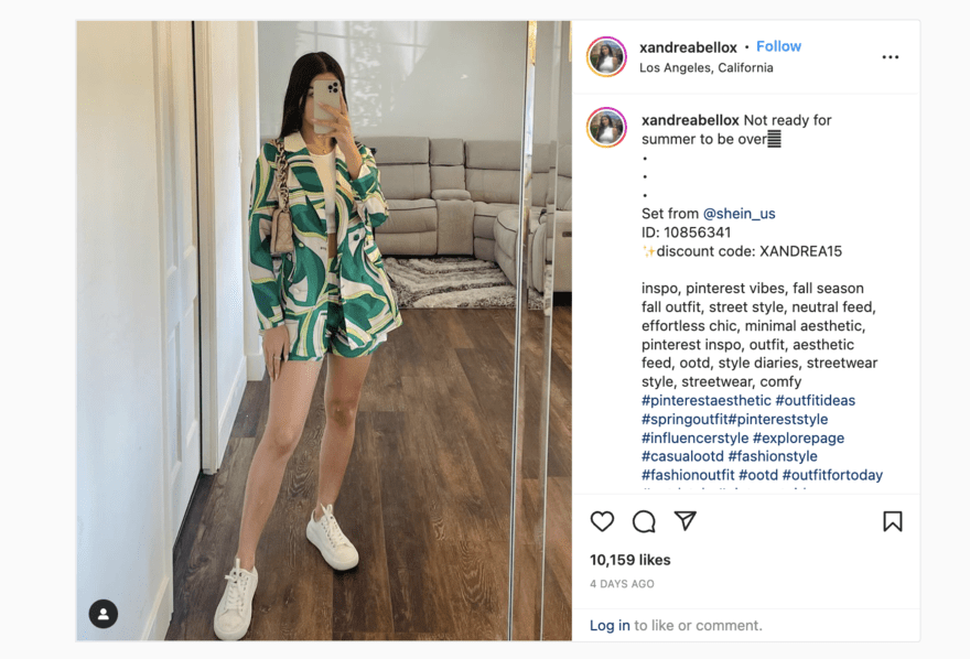 Instagram post from a fashion influencer to share a discount code for the fashion brand Shein