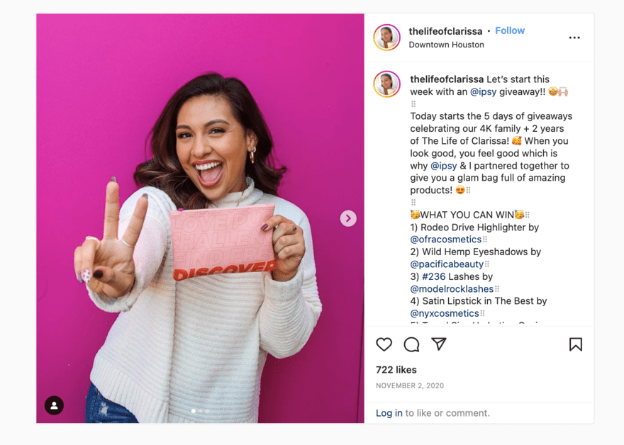 Instagram post from makeup subscription service Ipsy, detailing its latest brand giveaway