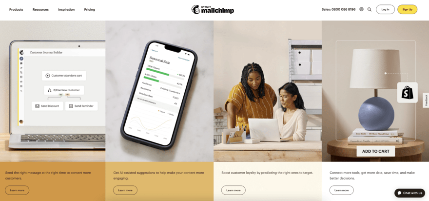 Mailchimp homepage inviting readers to learn more about its various features
