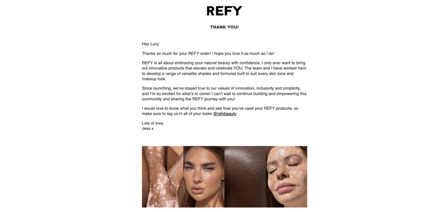 Beauty brand REFY's thank you for your order email