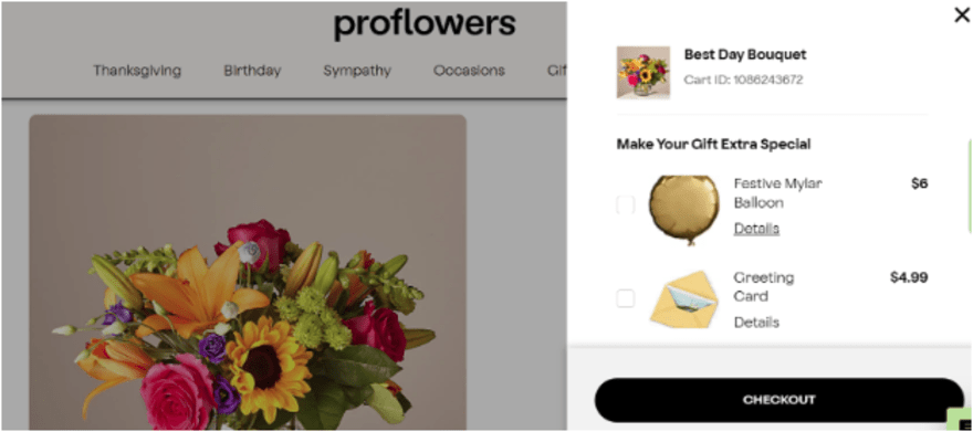 Proflowers checkout offers to make a gift extra special with balloon items and greeting cards