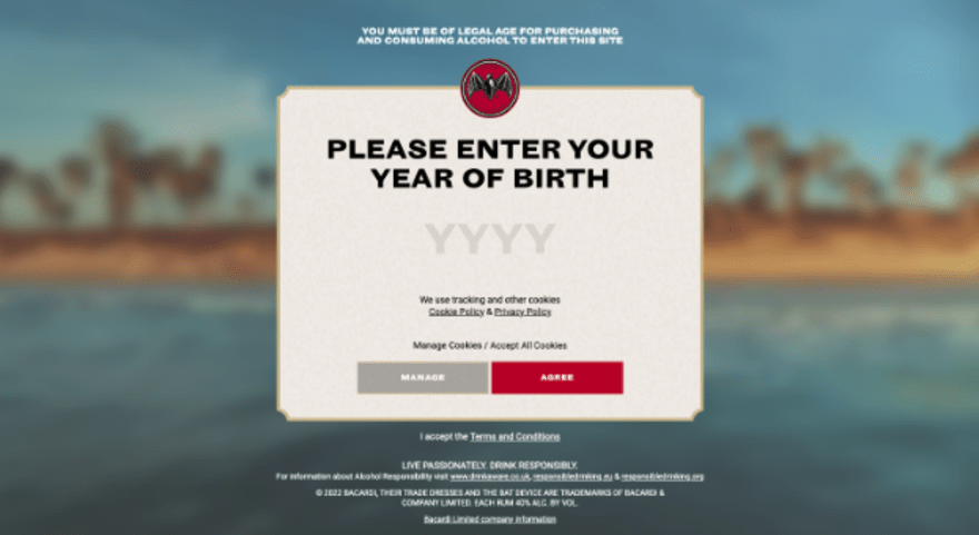 Bacardi pop up with "please enter your year of birth"