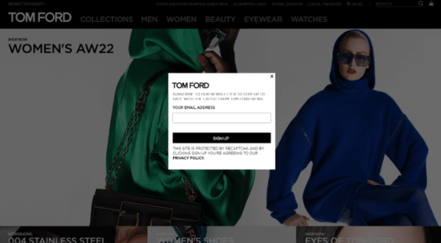 Tom Ford womens page with an email sign-up