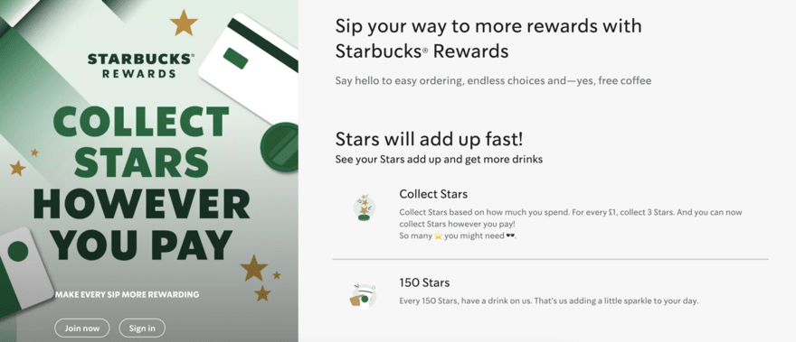 Starbucks rewards image on left with text info on collecting rewards on the right