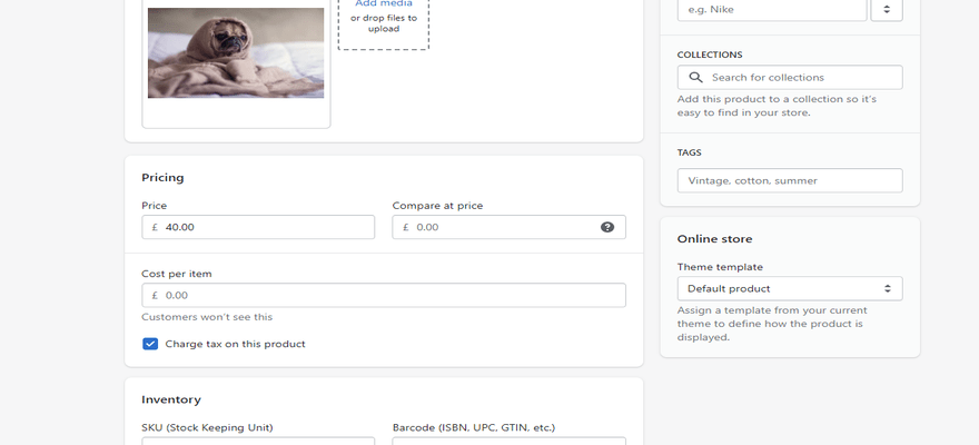 Pricing and product information being added in Shopify's backend editor
