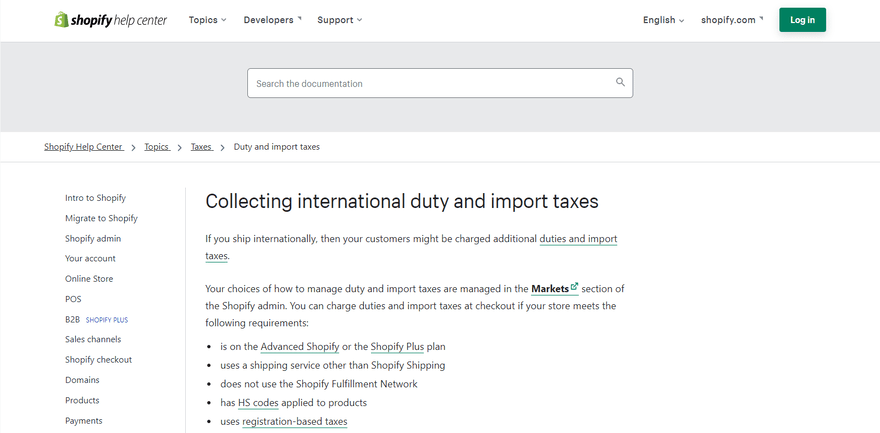 Shopify's help center with an explanation on duty and import taxes