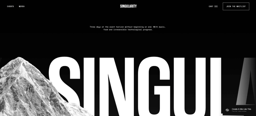 Demo Squarespace website using the Singularity template, featuring a black background with large white text and a picture of a snowy mountain