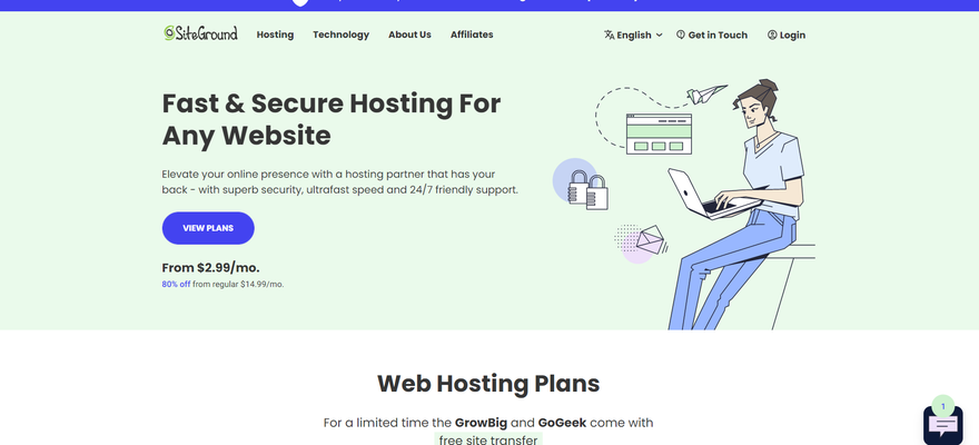SiteGround homepage inviting visitors to view its hosting plans