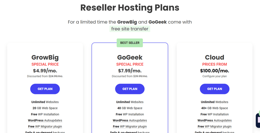 Siteground's three reseller hosting plans with feature summaries and discounted prices