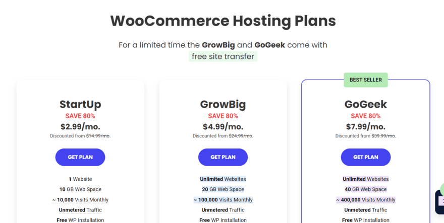 WooCommerce three plans with blue buttons and features listed